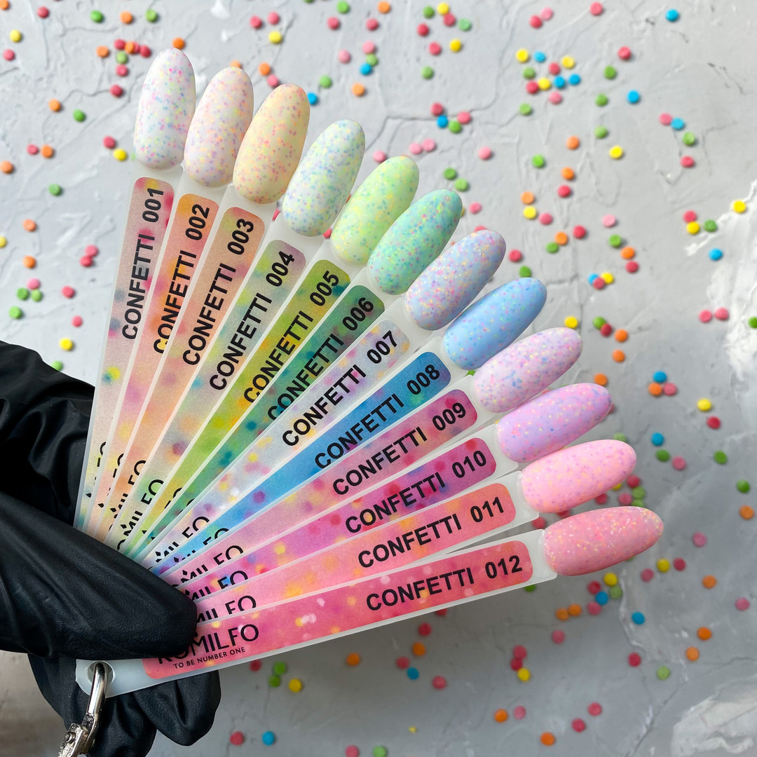 Гель-лак Komilfo Confetti Collection CN005 (светло-салатовый с разноцветной крошкой), 8 мл