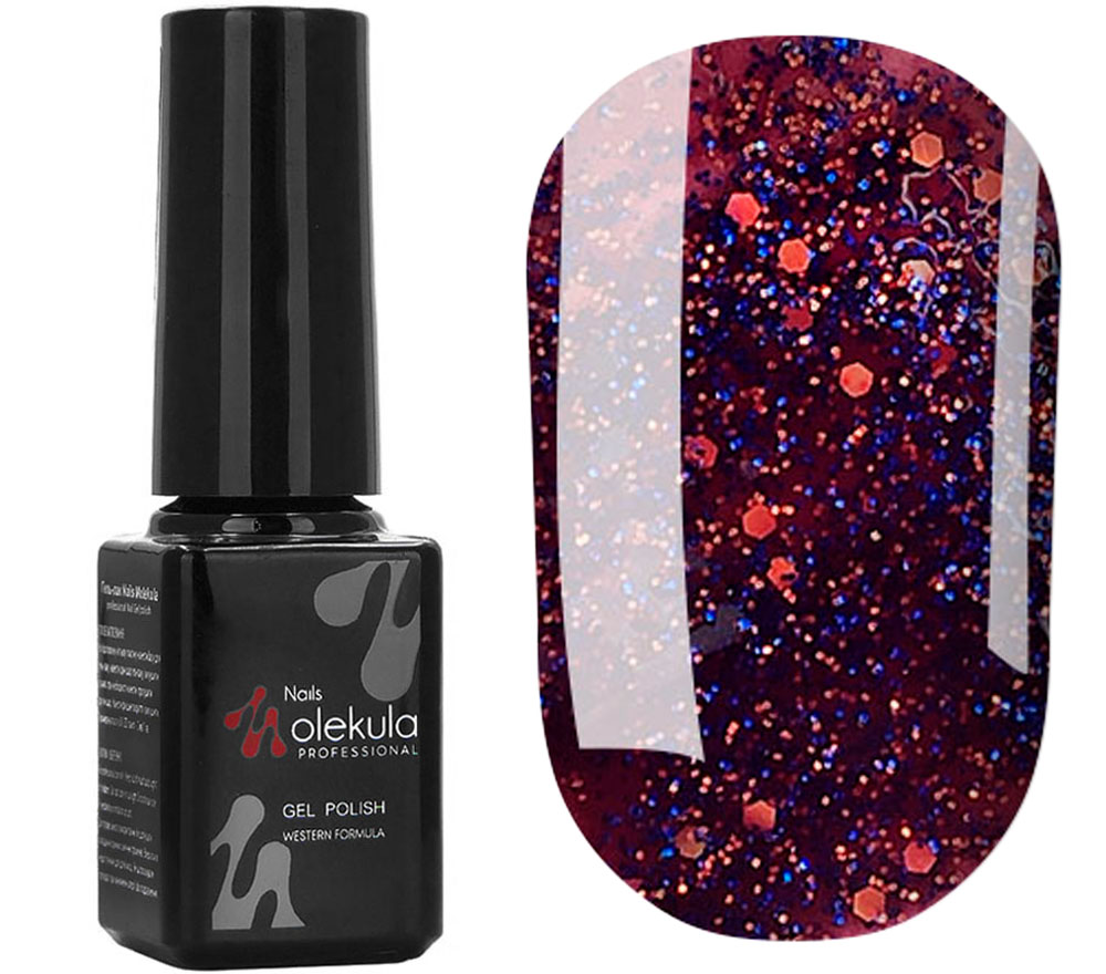 Gel polish Molekula №164 (burgundy with blue and orange sparkles), 6 ml