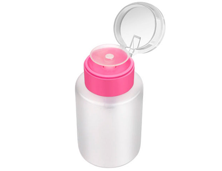 Plastic container with plastic dispenser for liquids, pink, 150 ml
