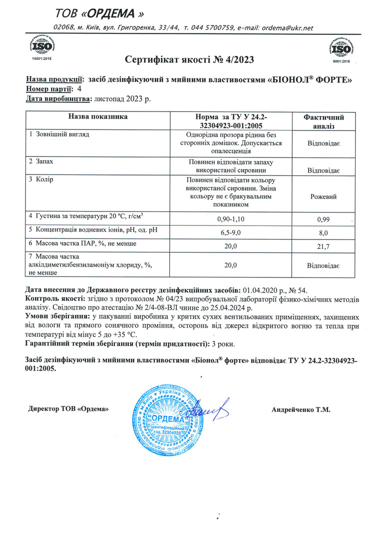 Hygienic conclusion on Bionol Forte Hygienic conclusion on Bionol Forte