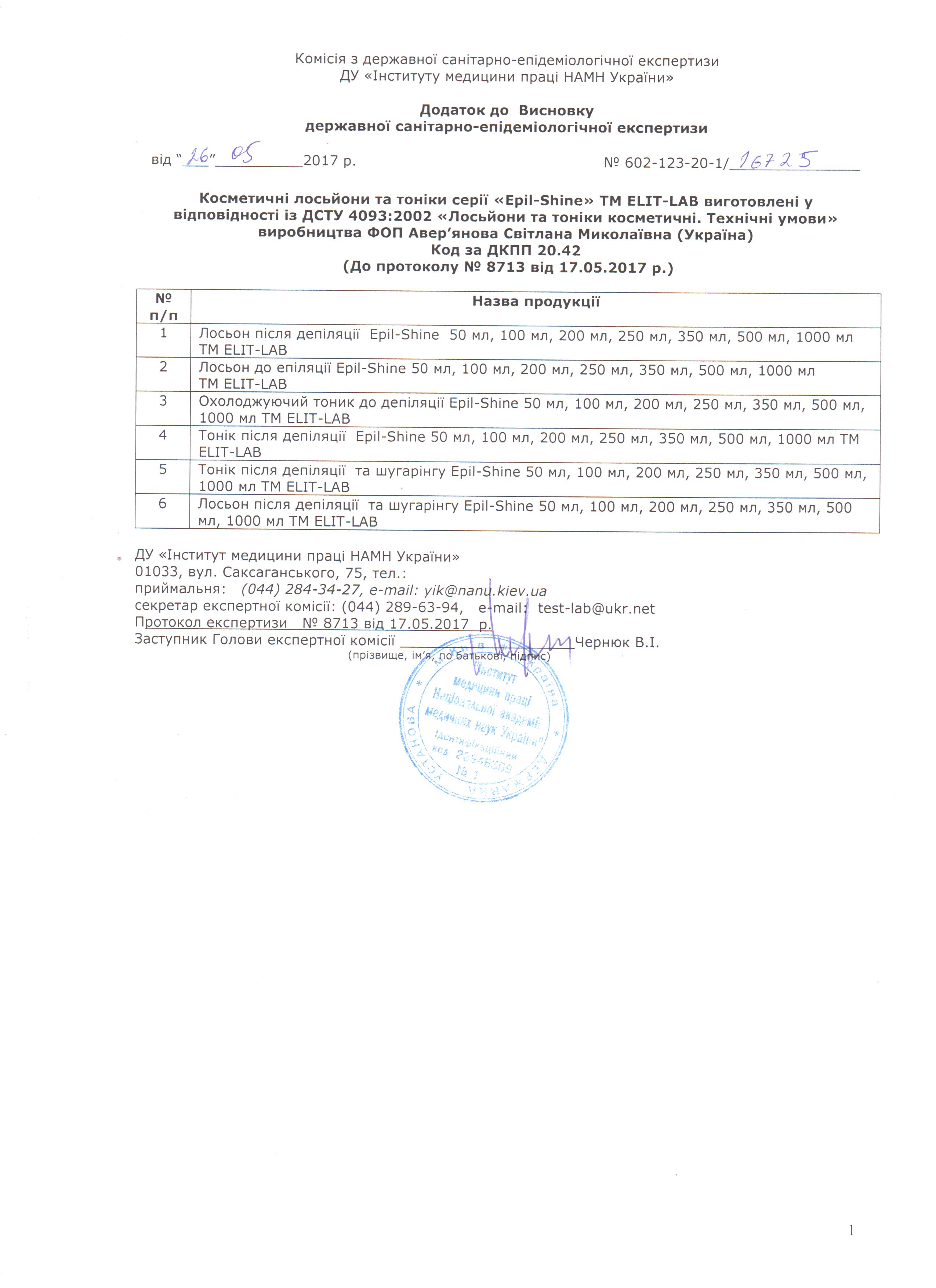 TM Elit-Lab quality certificate (cosmetic lotions and tonics)