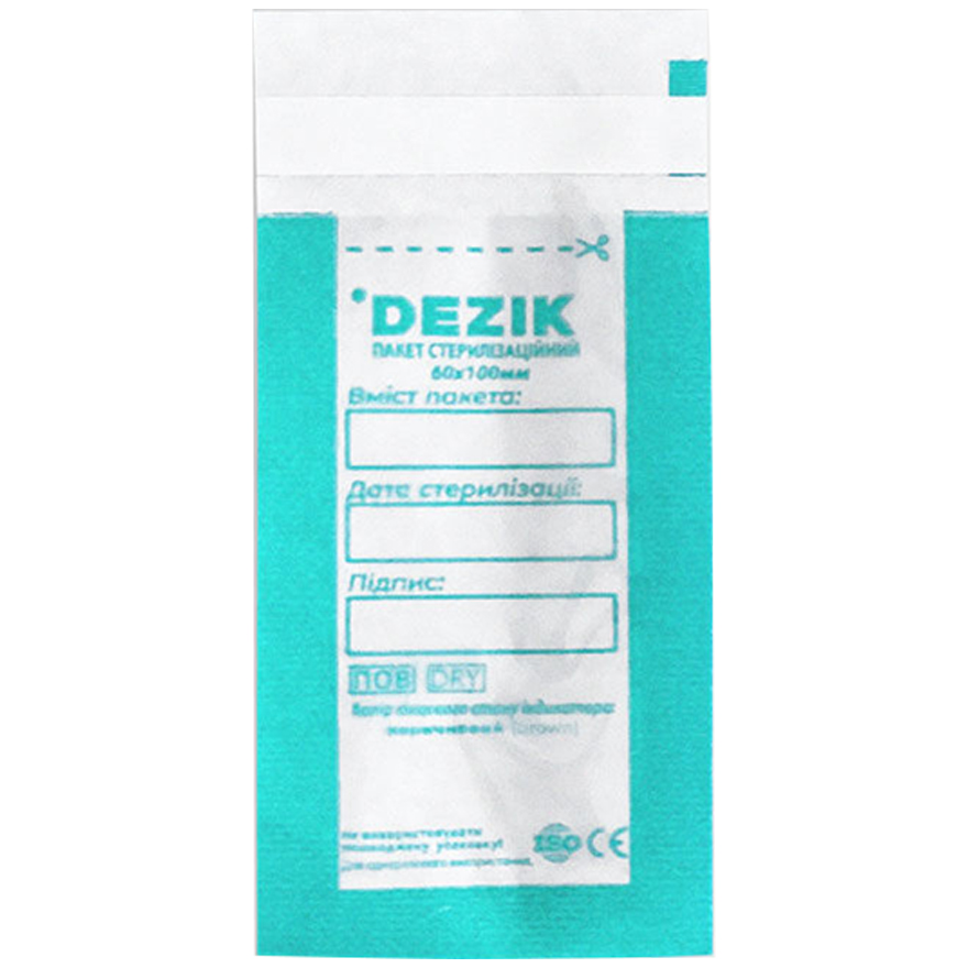 Dezik Kraft bags for air and steam sterilization, transparent 60x100 mm, 100 pcs/pack (with class 4 indicator, 100 pcs)