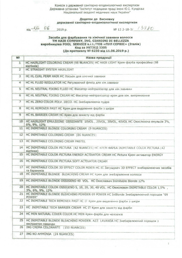 Hygienic certificate ING PROFESSIONAL