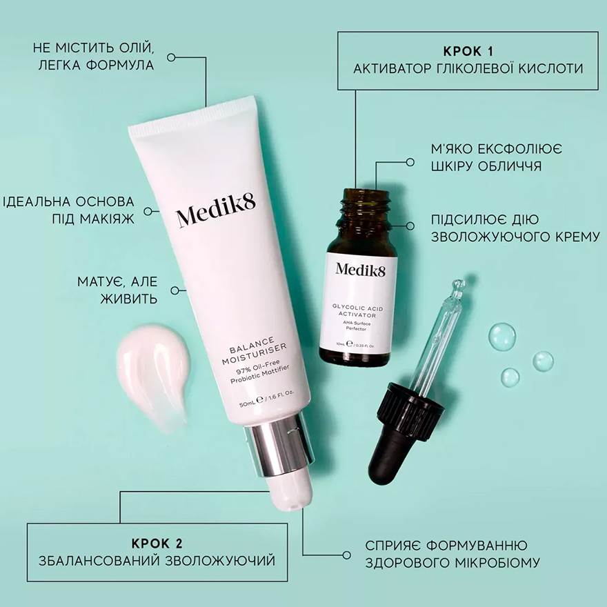 Medik8 Oil-free moisturizing cream with ANA probiotics and a matting effect Balance Moisturizer & Glycolic Acid Activator, 50 ml