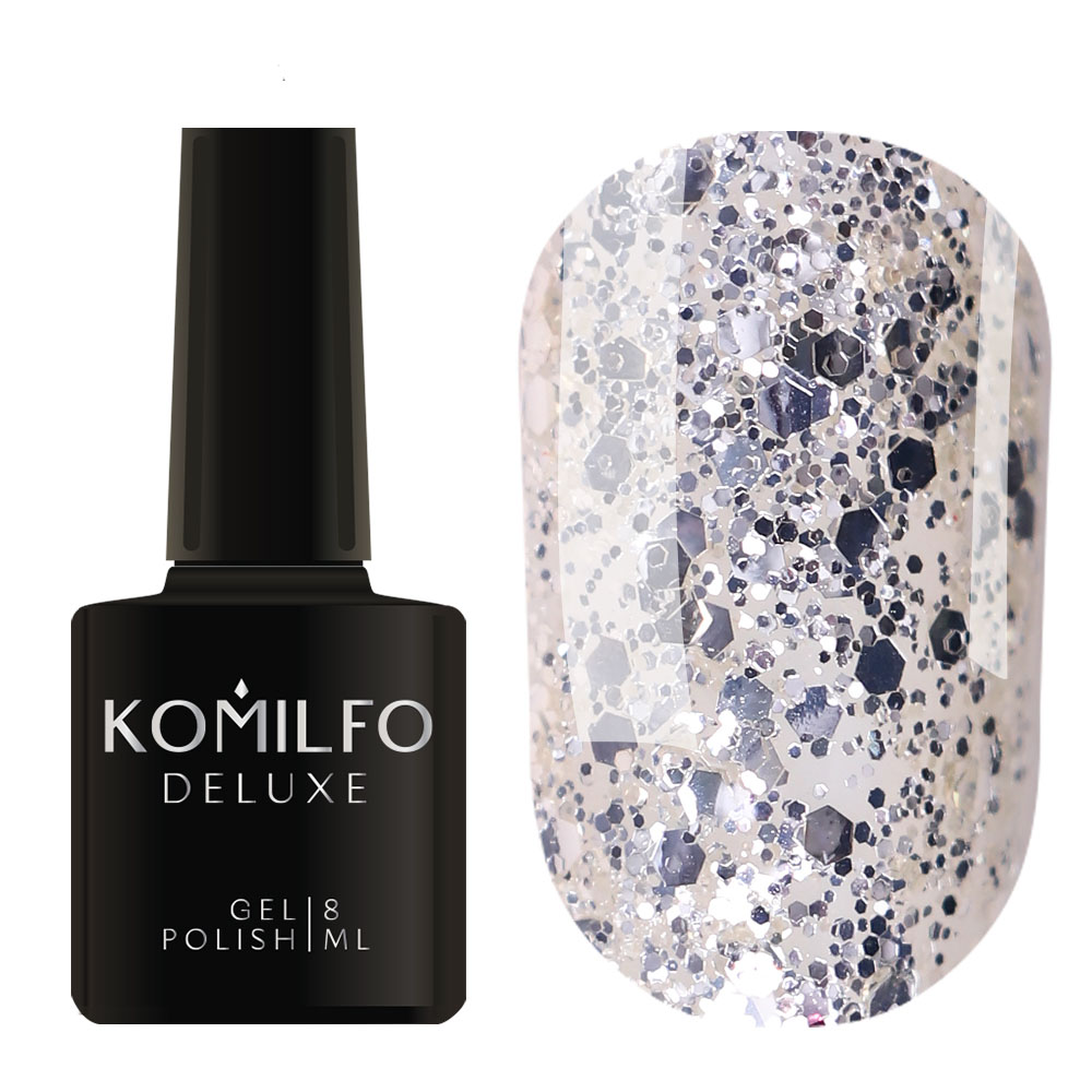Гель-лак Komilfo DeLuxe Series G002 (сріблястий, великі блискітки), 8 мл Гель-лак Komilfo DeLuxe Series G002 (сріблястий, великі блискітки), 8 мл