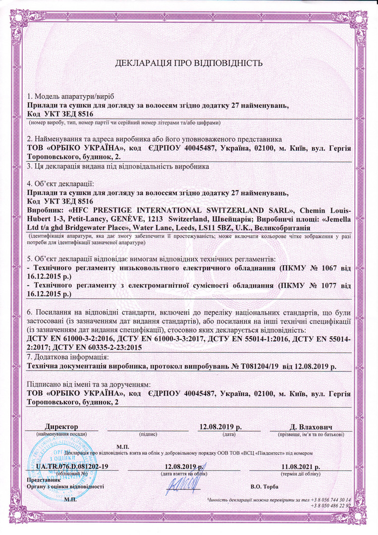 WELLA Hygiene Certificate