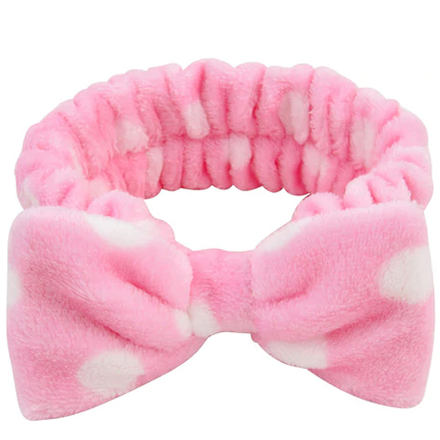 Cosmetology hair band, small bow, pink with white polka dots