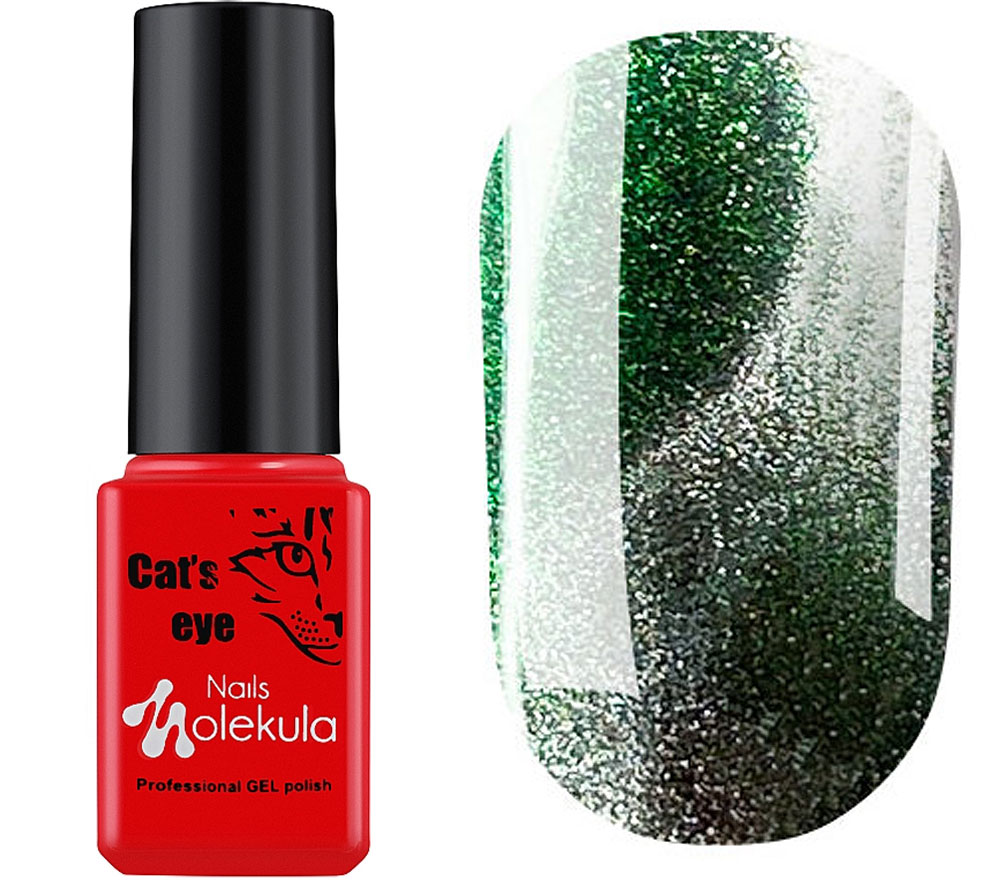 Molekula 9D Cats eye gel varnish No. 909 (silver with green and pink tint, magnetic), 6 ml