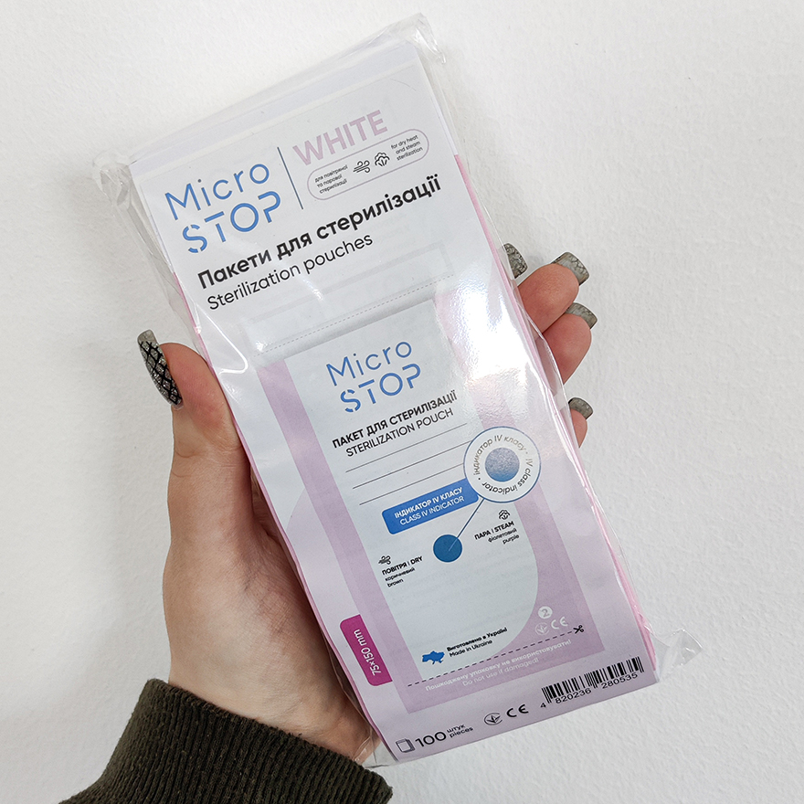MicroSTOP Крафт-пакети для повітряної стерилізації (паперові, білі) 75х150 мм, 100 шт (з індикатором 4 класу)
