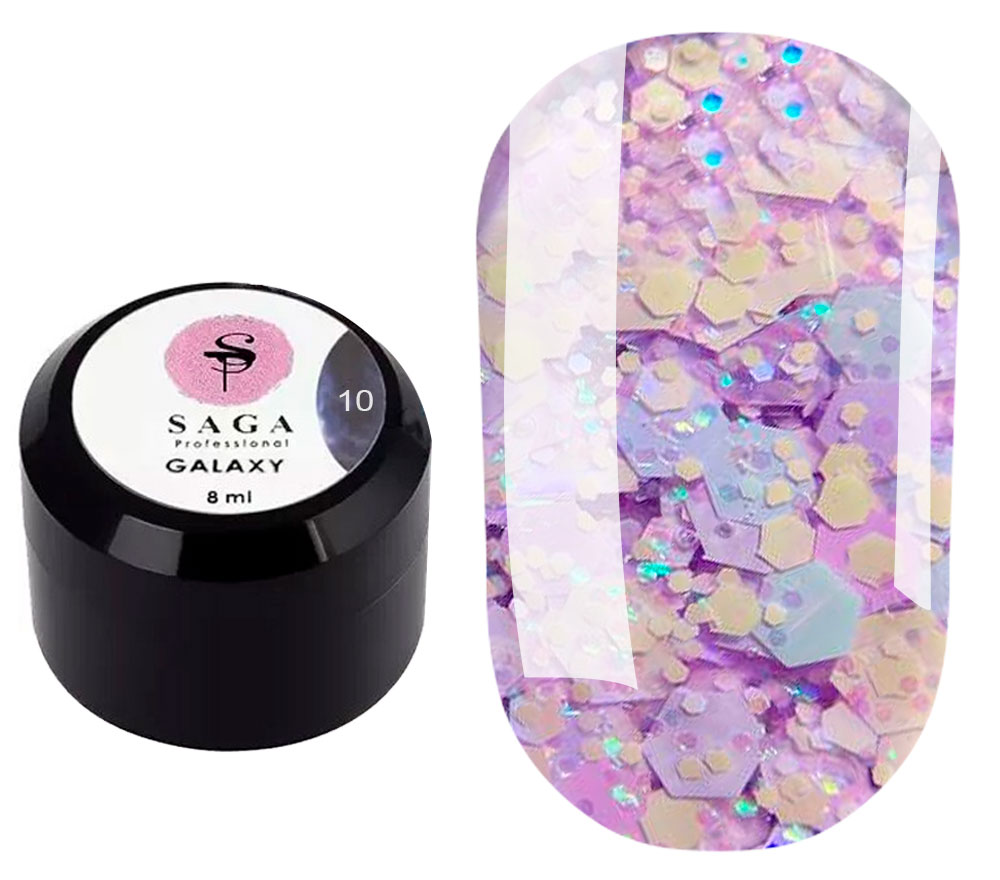 SAGA professional Galaxy glitter 10 (прозрачный с голографическими сиреневыми блестками), 8 мл