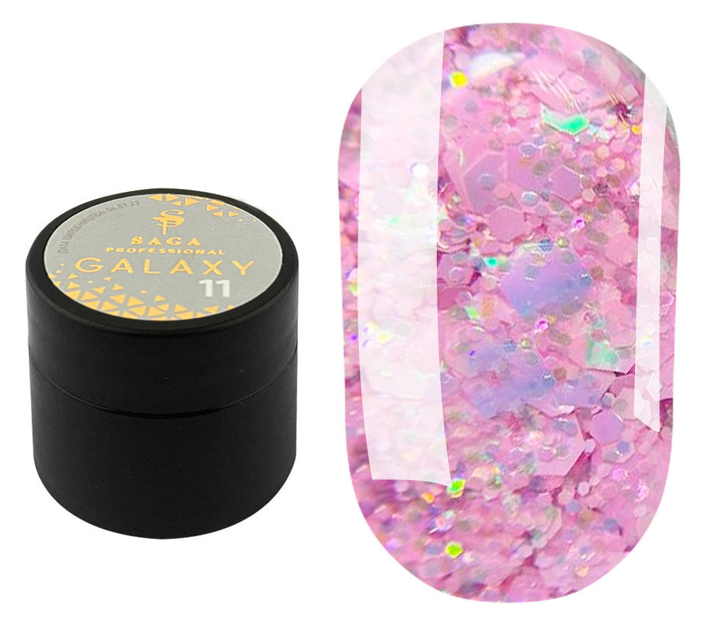 SAGA professional Galaxy glitter 11 (прозрачный с голографическими нежно-розовыми блестками), 8 мл