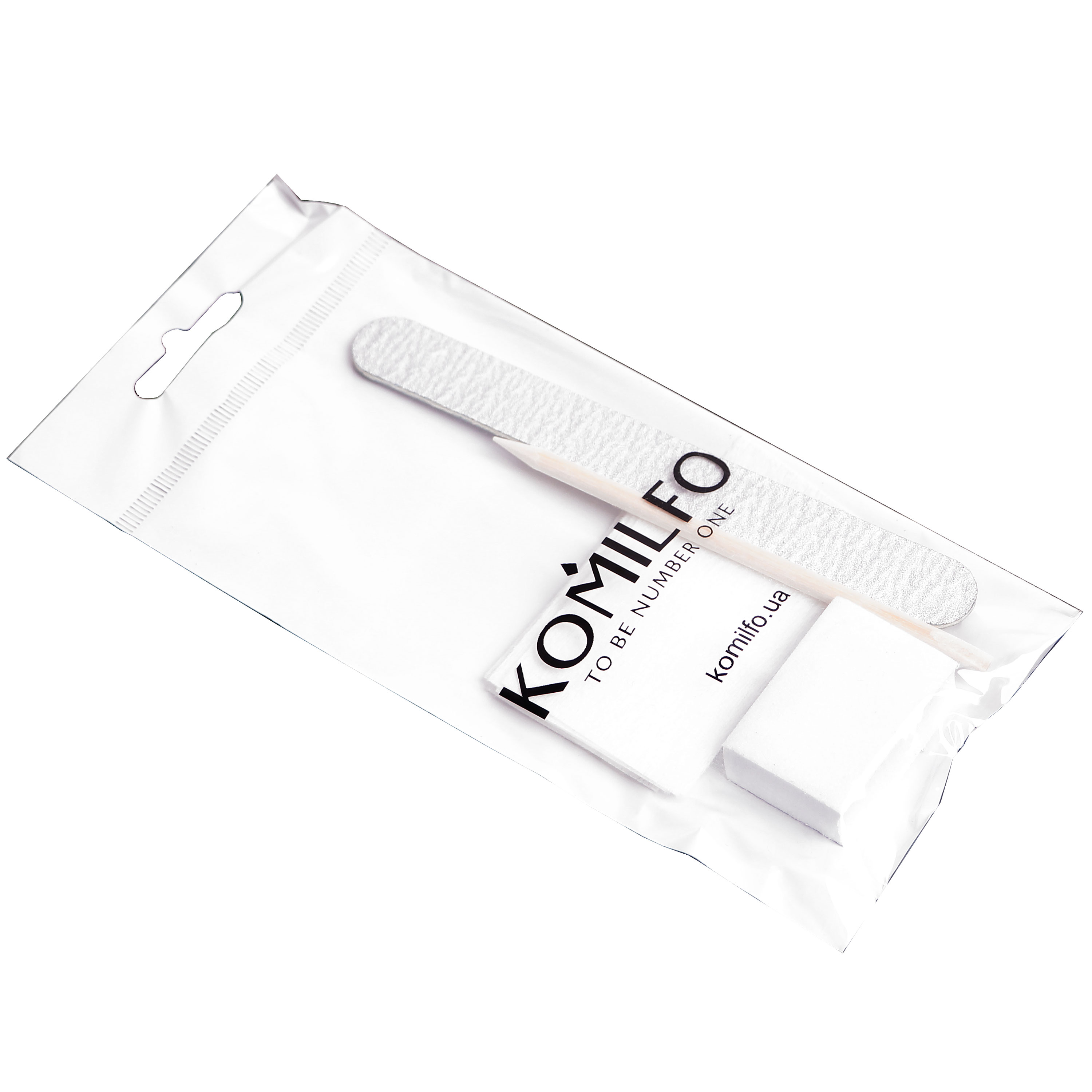 Komilfo одноразовий набір №4 пилка-крапля 150/150, Бафф 100/180, апельсинова паличка, 10 безворсових серветкок