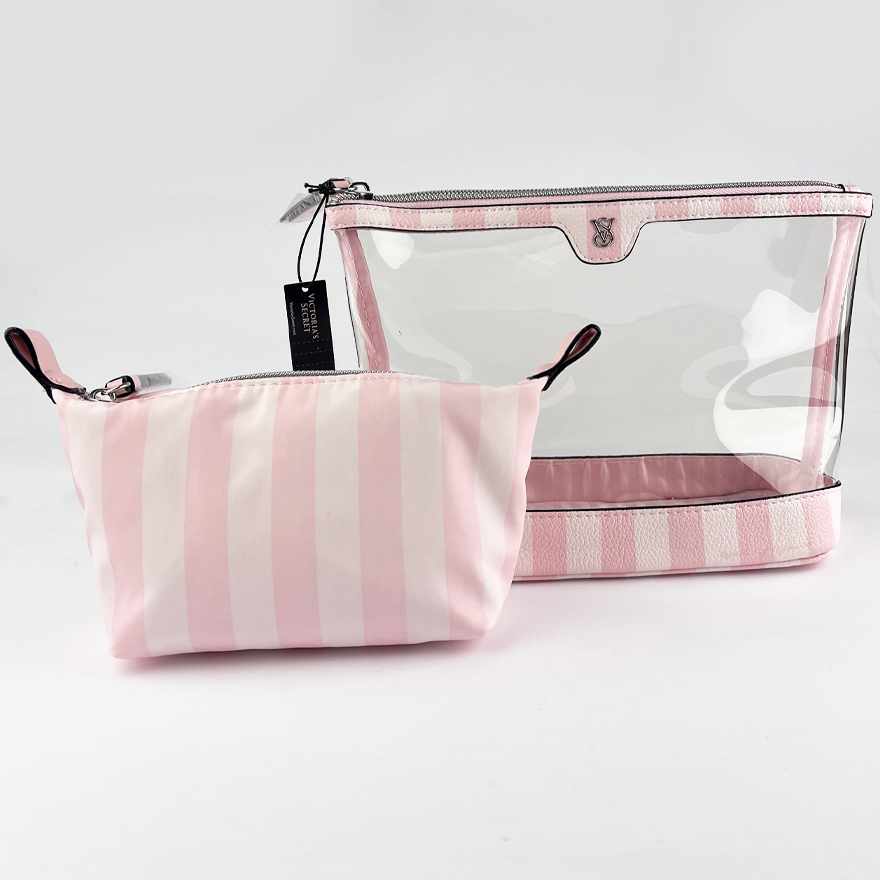 Victoria’s Secret Косметичка 2в1 Piece Makeup Bag - Heritage Stripe/ рожева смужка