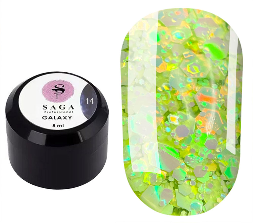 SAGA professional Galaxy glitter 14 (салатовий з голографічними блискітками, 8 мл SAGA professional Galaxy glitter 14 (салатовий з голографічними блискітками, 8 мл