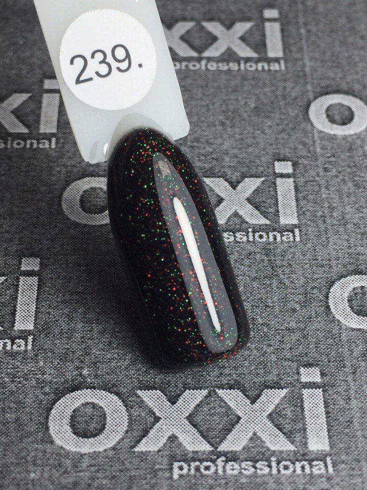 OXXI Gel nail polish No. 239 (black with red and green micro-shimmer), 10 ml