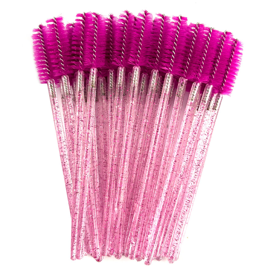Eyelash brush, nylon, fuchsia on a transparent base with pink glitter (50 pcs/pack)