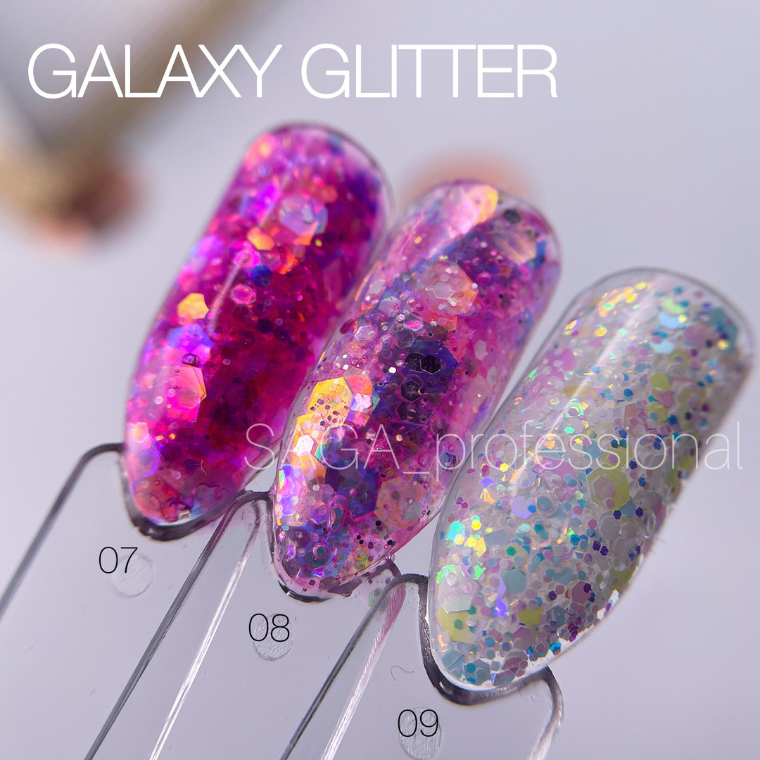 SAGA professional Galaxy glitter 08 (прозрачный с голографическими розовыми блестками), 8 мл