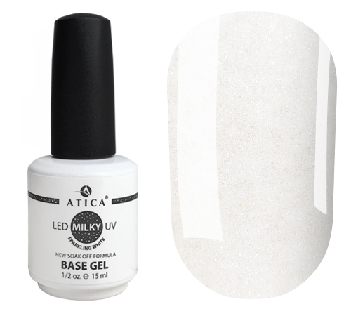 Каучукова камуфлююча база Atica для гель-лака Milky Sparkling White (молочний, мікроблиск), 15 мл Каучукова камуфлююча база Atica для гель-лака Milky Sparkling White (молочний, мікроблиск), 15 мл