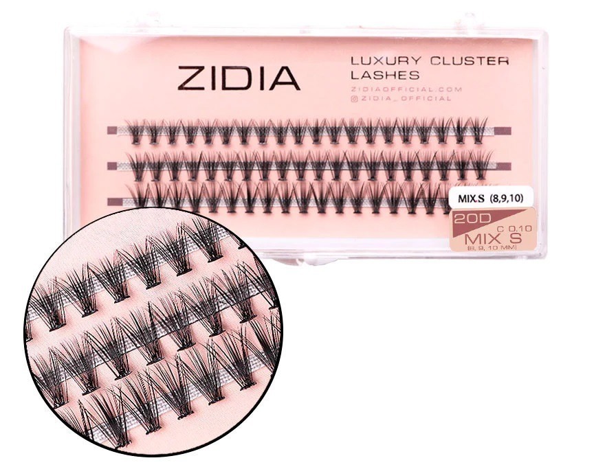 ZIDIA Cluster lashes Bundles 20D C 0.10 Mix S (3 bands, size 8, 9, 10mm)