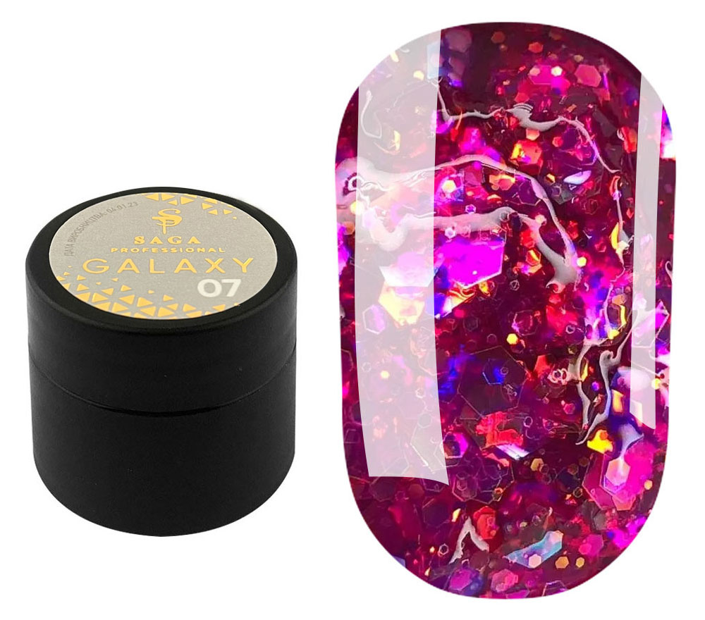SAGA professional Galaxy glitter 07 (прозорий з голографічними малиновими блискітками), 8 мл SAGA professional Galaxy glitter 07 (прозорий з голографічними малиновими блискітками), 8 мл