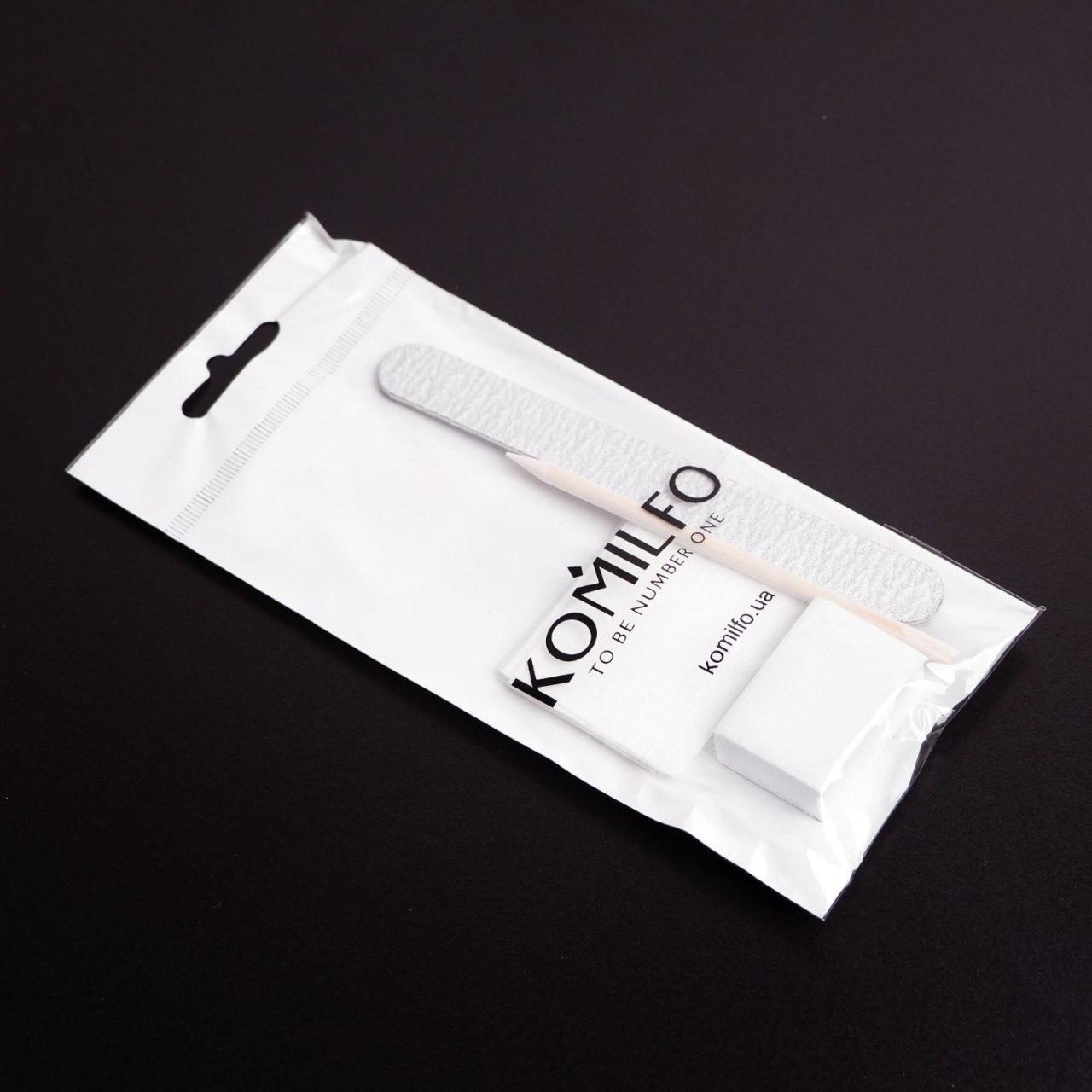 Komilfo одноразовий набір №4 пилка-крапля 150/150, Бафф 100/180, апельсинова паличка, 10 безворсових серветкок
