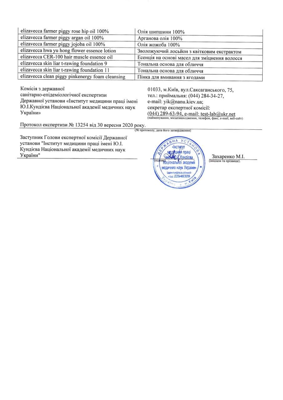 Hygienic certificates ELIZAVECCA