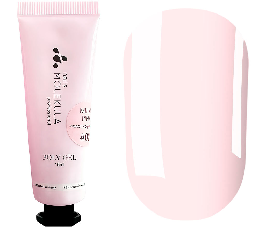 Molekula Гель для нігтів Poly Gel №02 Milky Pink (світло-рожевий, напівпрозорий), 15 мл