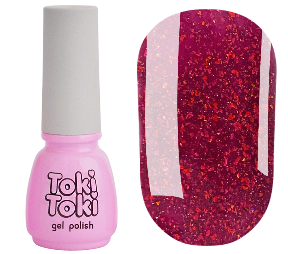 Toki Toki Gel nail polish Flakes 005 (coral with flakes and glitter, reflective), 5 ml