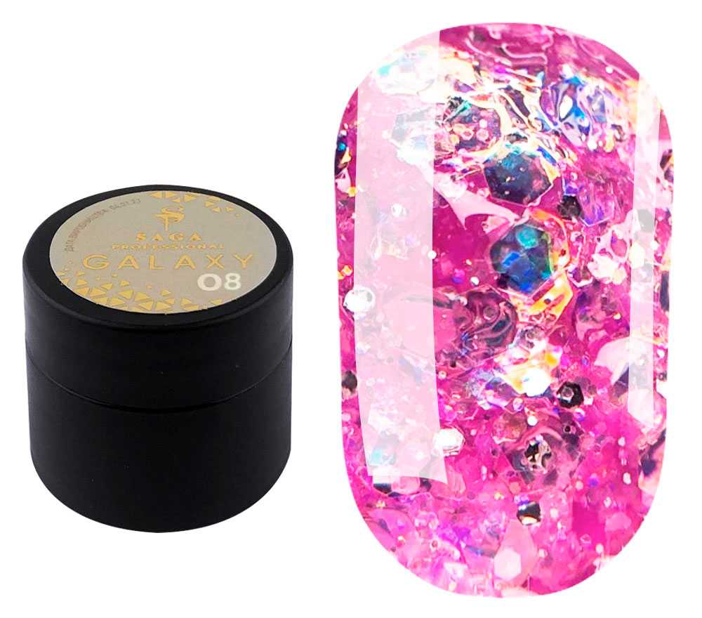 SAGA professional Galaxy glitter 08 (прозрачный с голографическими розовыми блестками), 8 мл