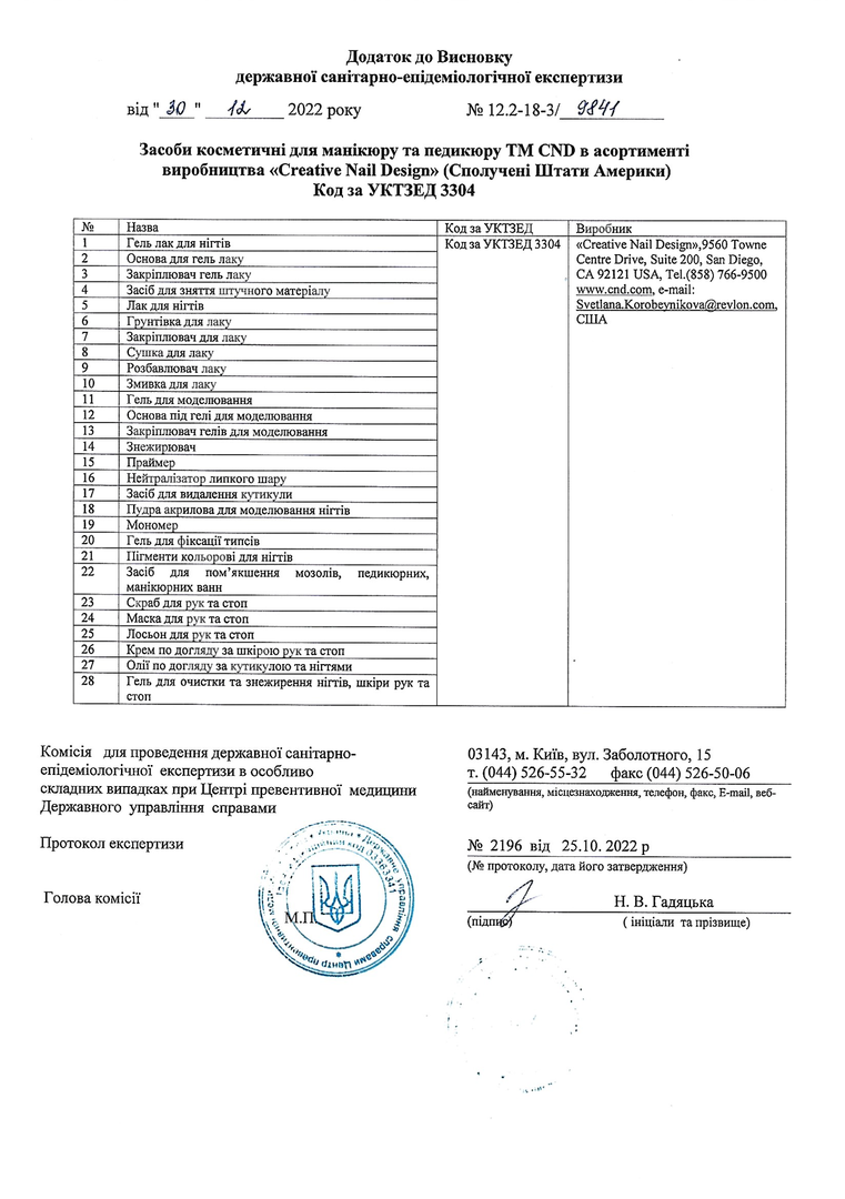 Hygienic certificate CND, Shellac Hygienic certificate CND, Shellac