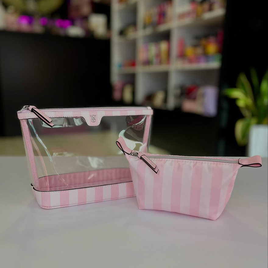 Victoria’s Secret Косметичка 2в1 Piece Makeup Bag - Heritage Stripe/ рожева смужка