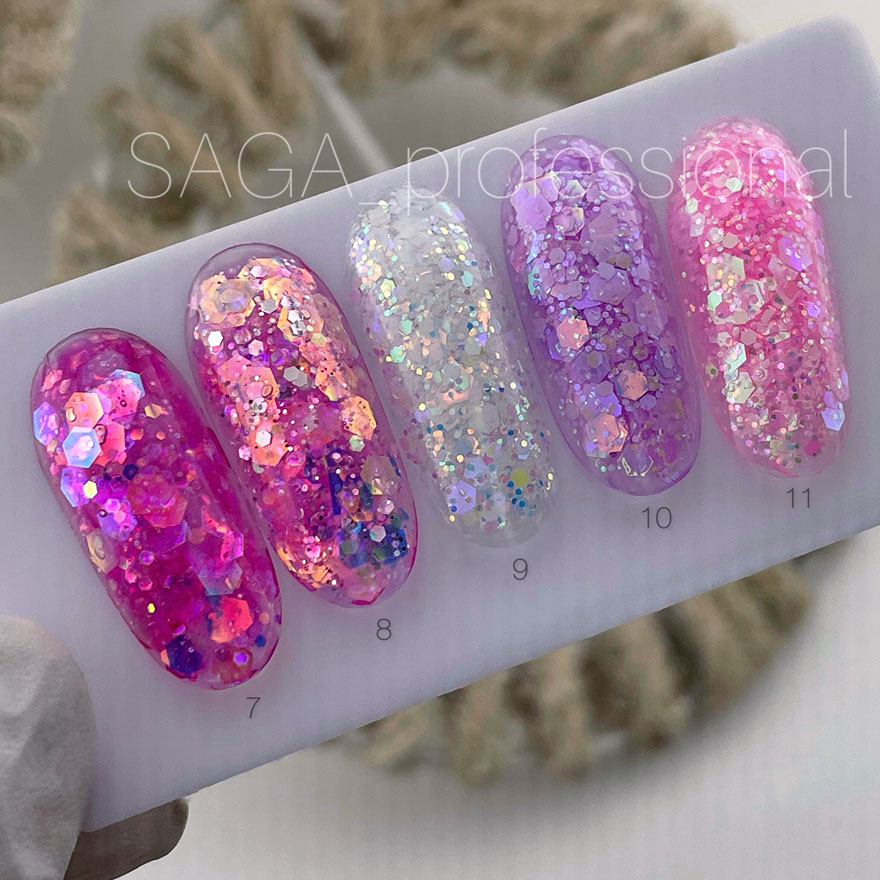 SAGA professional Galaxy glitter 08 (прозрачный с голографическими розовыми блестками), 8 мл
