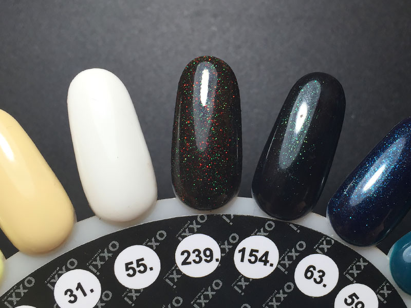 OXXI Gel nail polish No. 239 (black with red and green micro-shimmer), 10 ml