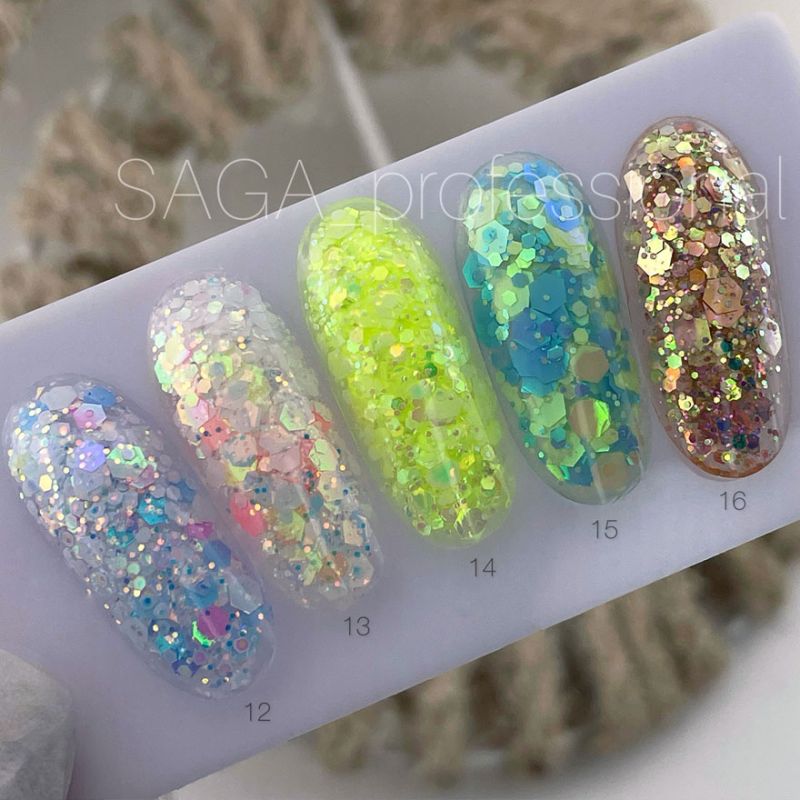 SAGA professional Galaxy glitter 14 (салатовий з голографічними блискітками, 8 мл