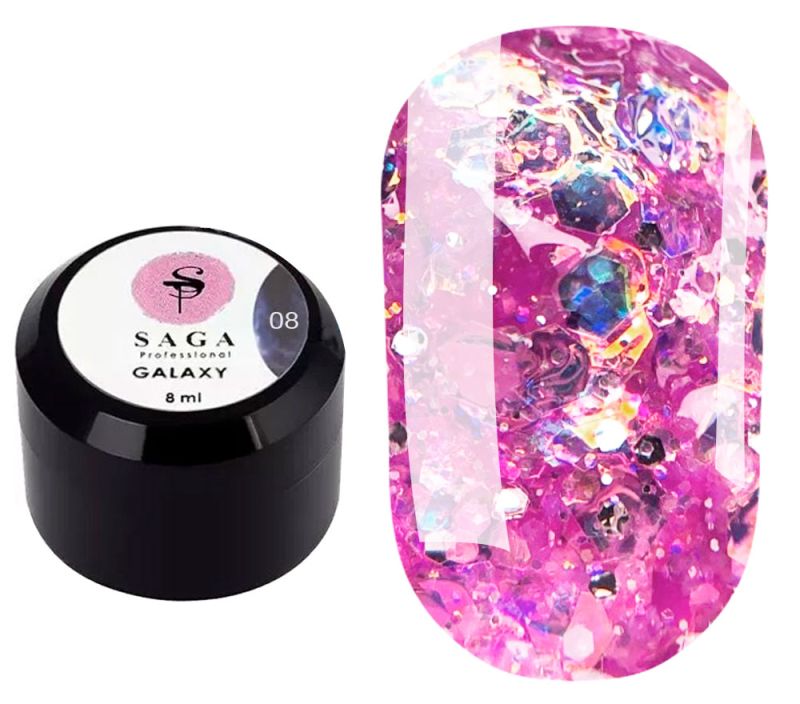 SAGA professional Galaxy glitter 08 (прозрачный с голографическими розовыми блестками), 8 мл