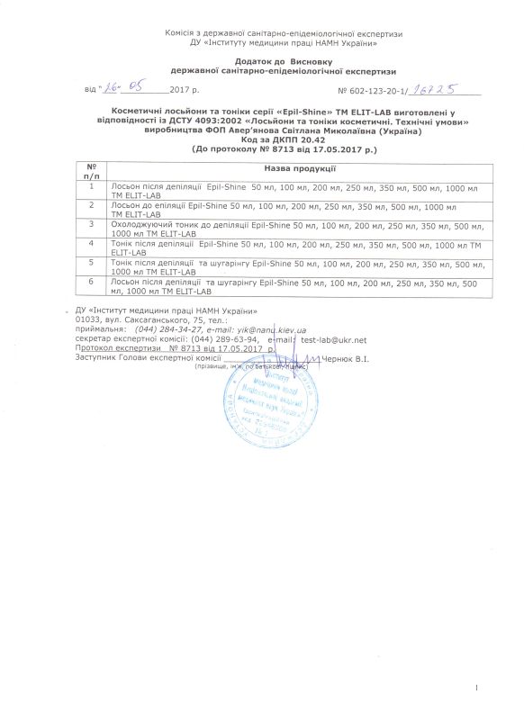 TM Elit-Lab quality certificate (cosmetic lotions and tonics)