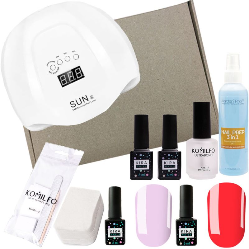 Starter set for gel polishes "Minimal start" with comme il faut set No. 4 and Kira Nails No wipe Top Coat 15 ml (with SunX lamp 54 W)