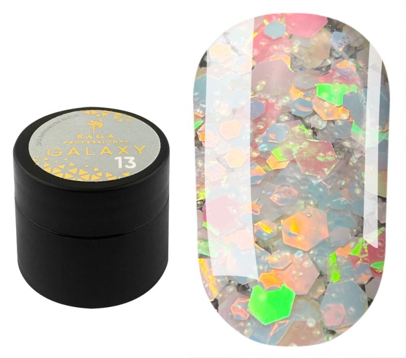 SAGA professional Galaxy glitter 13 (прозрачный с голографическими коралловыми и салатовыми блестками), 8 мл