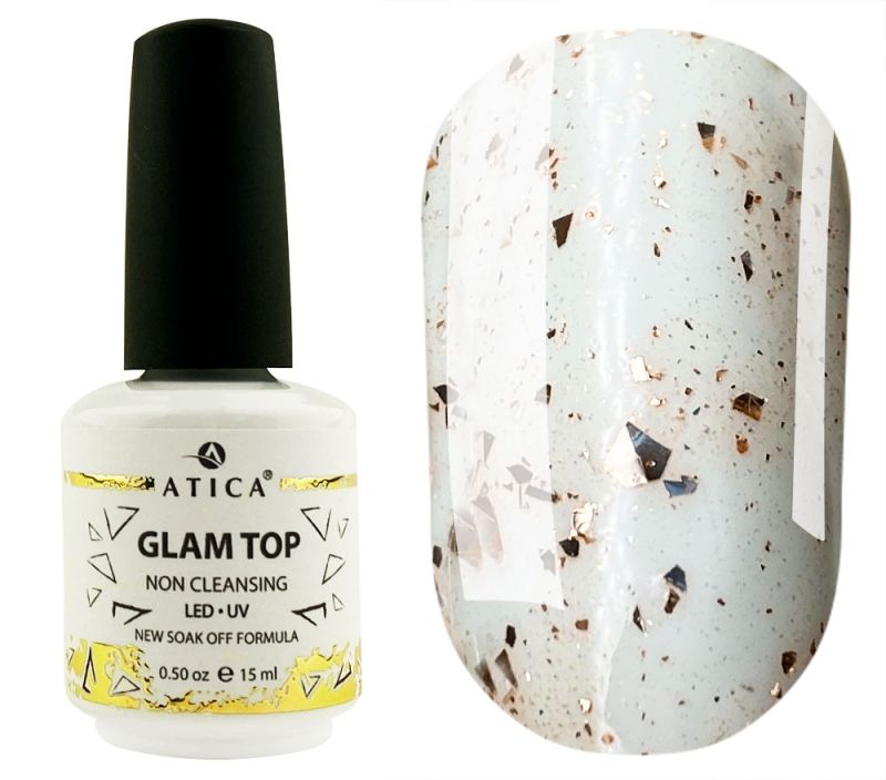 Atica Top Glam Non Cleansing Top coat for gel polishes (transparent with gold leaf), 15 ml