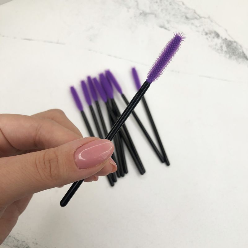 Silicone eyelash brush A (classic with long bristles on the tip), purple on a black base (50 pcs/pack)