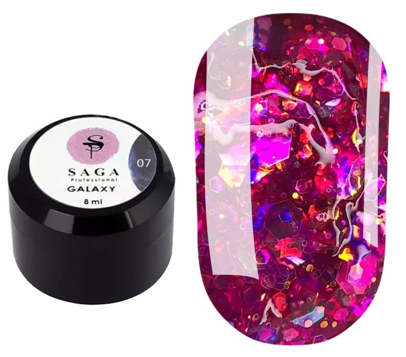 SAGA professional Galaxy glitter 07 (прозрачный с голографическими малиновыми блестками), 8 мл