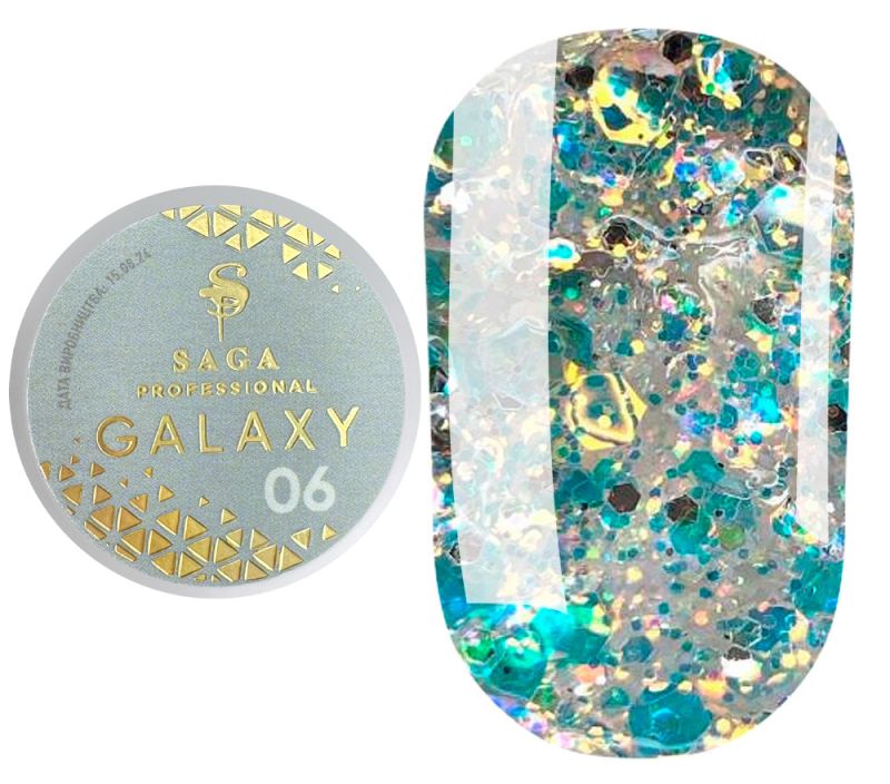 SAGA professional Galaxy glitter 06 (прозрачный с голографическими золотыми блестками), 8 мл