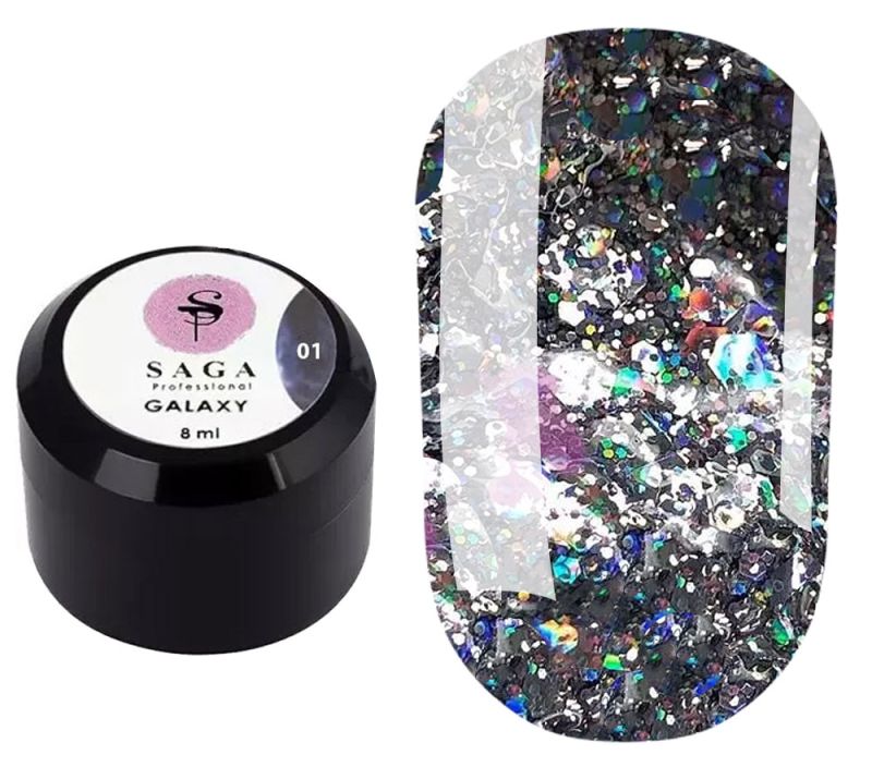 SAGA professional Galaxy glitter 01 (прозрачный с голографическими серебристыми блестками) 8 мл