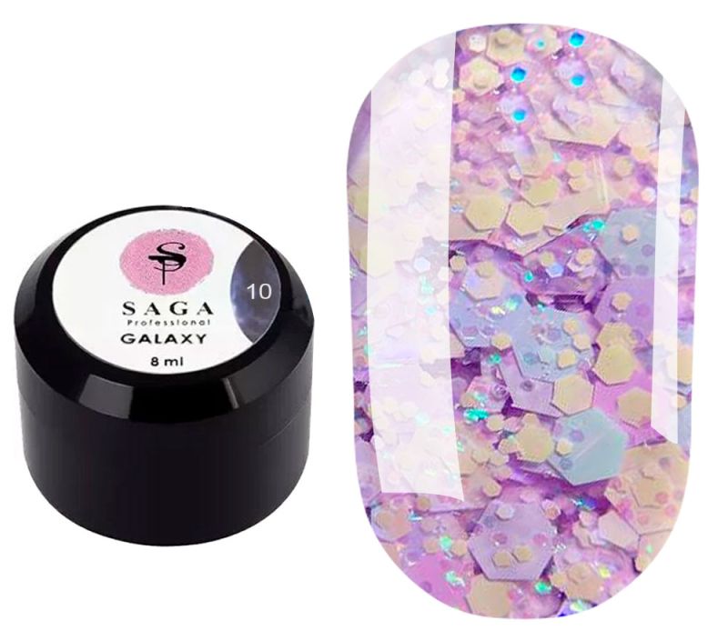 SAGA professional Galaxy glitter 10 (прозрачный с голографическими сиреневыми блестками), 8 мл