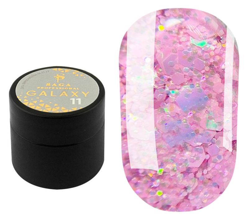 SAGA professional Galaxy glitter 11 (прозрачный с голографическими нежно-розовыми блестками), 8 мл