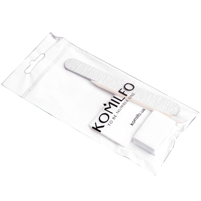 Komilfo одноразовий набір №4 пилка-крапля 150/150, Бафф 100/180, апельсинова паличка, 10 безворсових серветкок