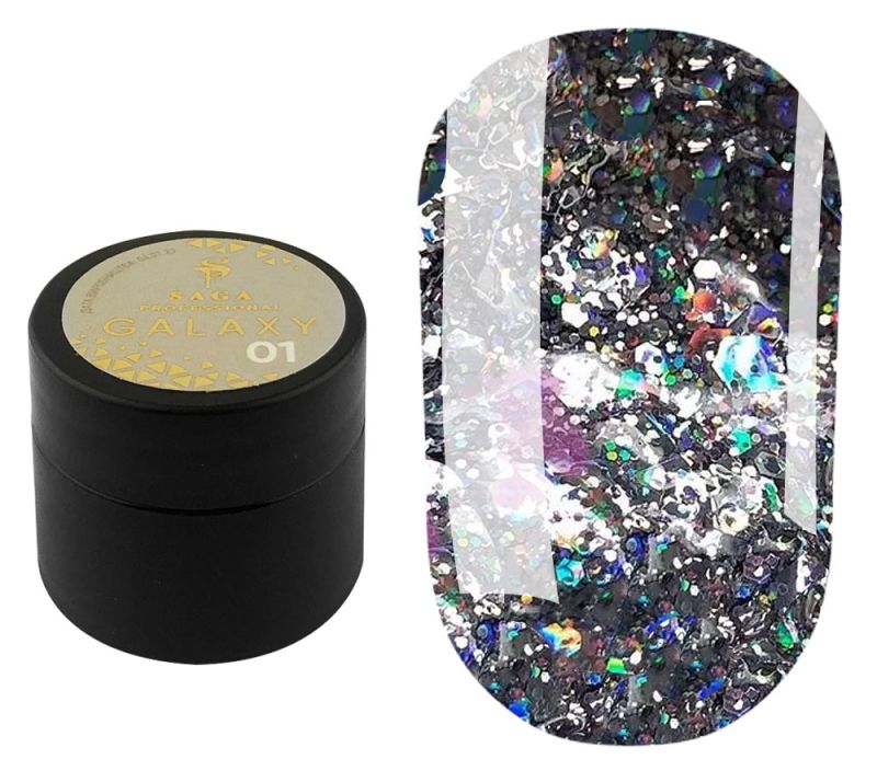 SAGA professional Galaxy glitter 01 (прозорий з голографічними сріблястими блискітками) 8 мл
