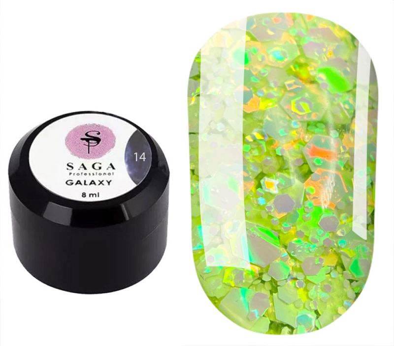 SAGA professional Galaxy glitter 14 (салатовий з голографічними блискітками, 8 мл