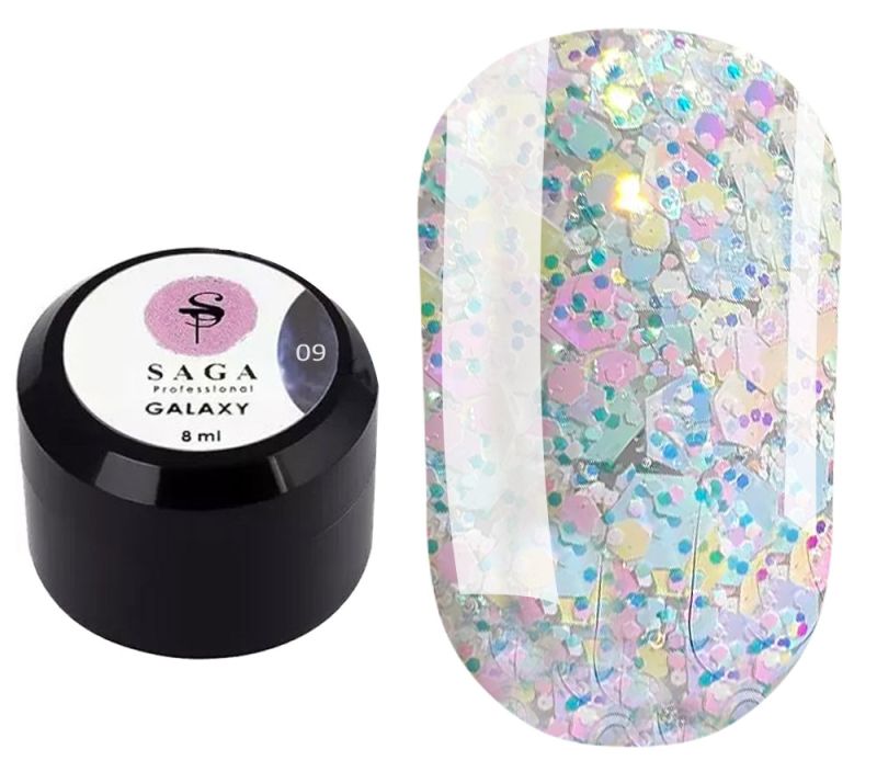 SAGA professional Galaxy glitter 09 (прозрачный с голографическими молочными блестками), 8 мл