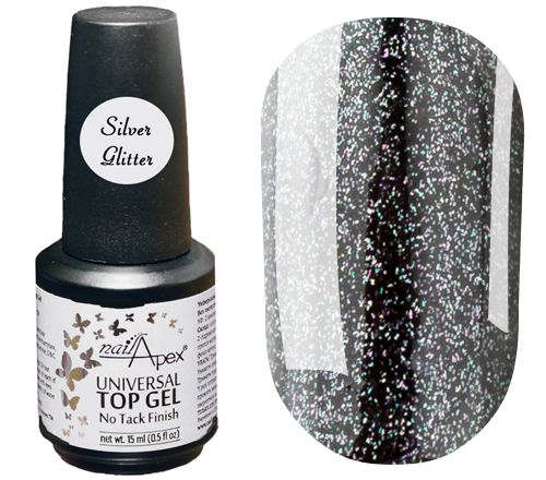 NailApex Top Silver Glitter top without sticky layer with silver glitter, 15 ml